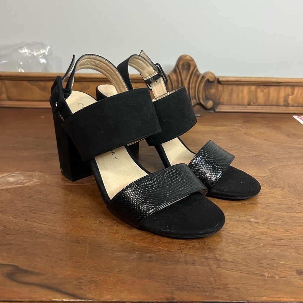 Chinese Laundry Black Heels Elegant Block Sandals, Size 7
